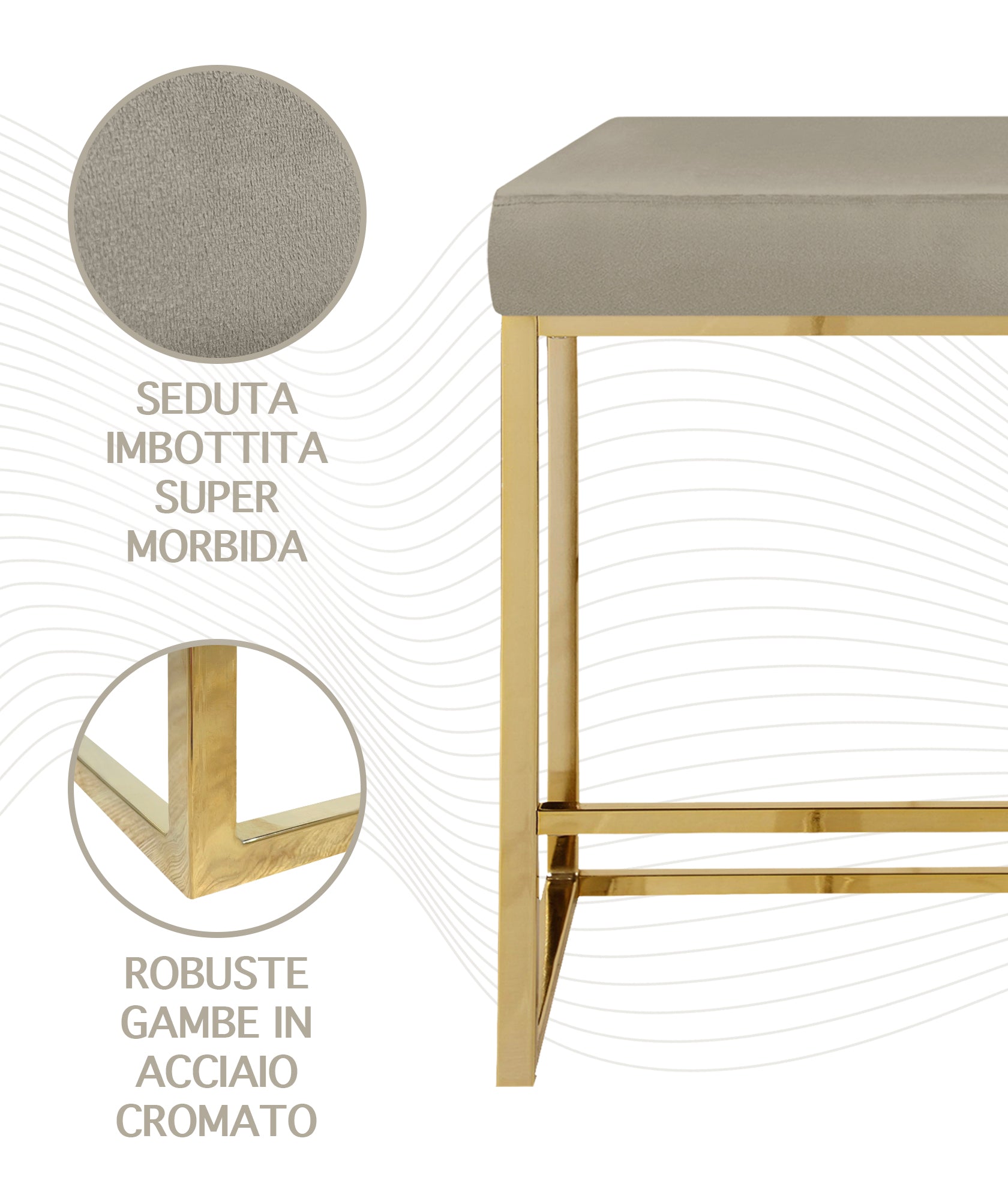 Sgabello Moderno In Velluto Sedile imbottito Gambe In Acciaio Dorato Senza Schienale Casa Sedia Cucina Bar Pub Seduta Rialzata Di Design - Tortora