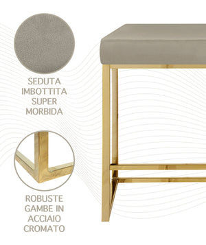 Sgabello Moderno In Velluto Sedile imbottito Gambe In Acciaio Dorato Senza Schienale Casa Sedia Cucina Bar Pub Seduta Rialzata Di Design - Tortora