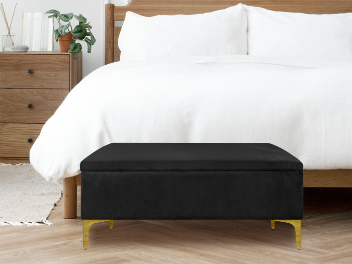 Pouf Panca Imbottita Divanetto In Velluto Contenitore PortaOggetti Panca Sgabello A Pie Di Letto Con Gambe In Metallo Dorato Cassapanca Ingresso Legno Massello Panchina  - Nero