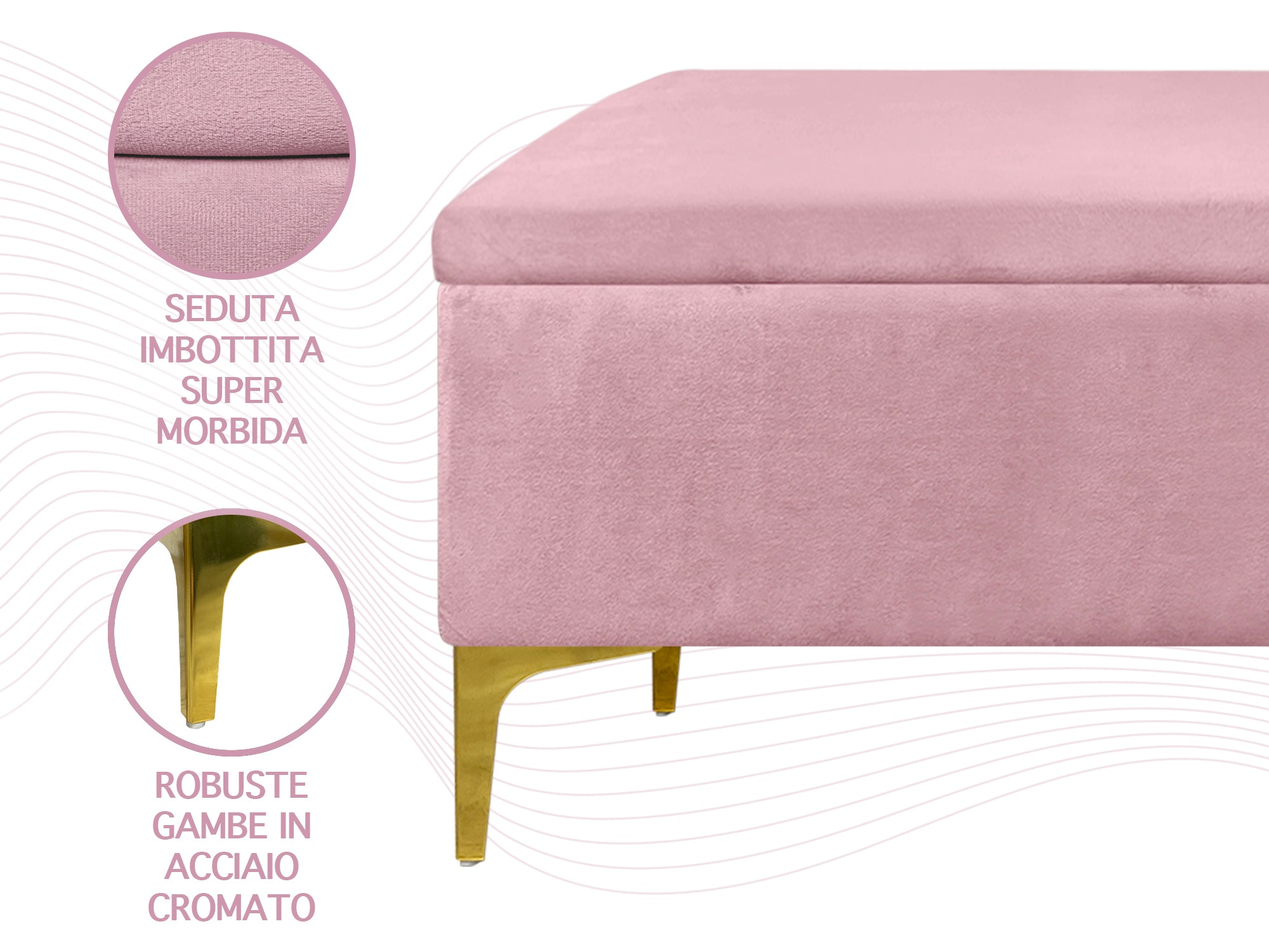 Pouf Panca Imbottita Divanetto In Velluto Contenitore PortaOggetti Panca Sgabello A Pie Di Letto Con Gambe In Metallo Dorato Cassapanca Ingresso Legno Massello Panchina  - Rosa