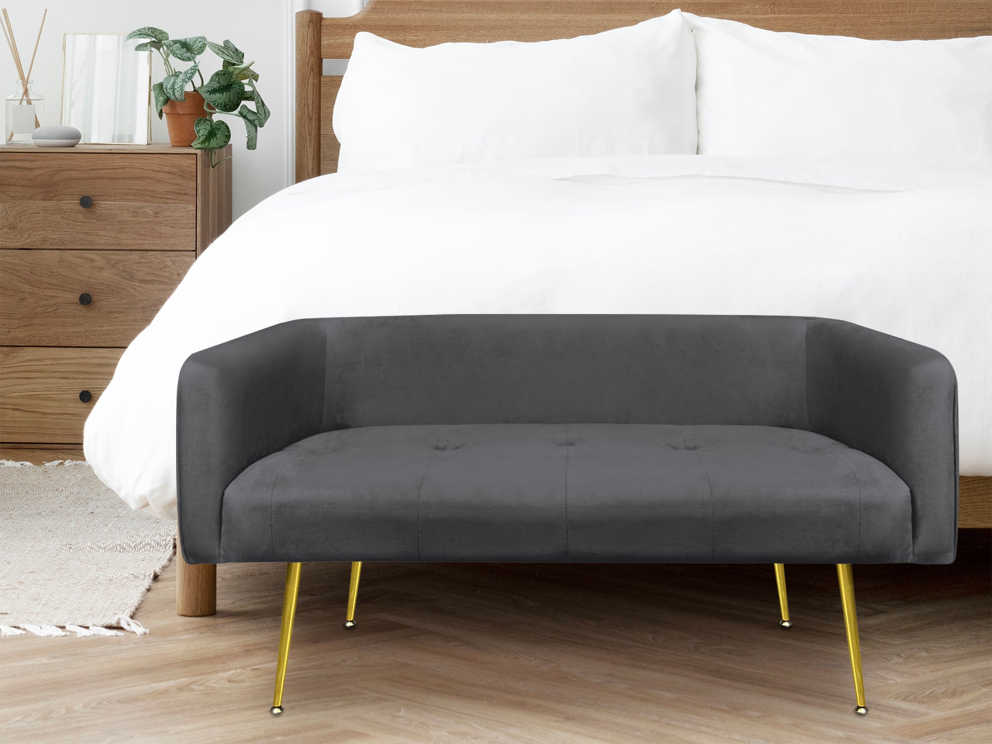 Divano Due Posti In Velluto Gambe In Acciaio Color Oro Divanetto 2 Persone 126x49x57 Cm Design Moderno Soggiorno Panca Pie Di Letto - Stone