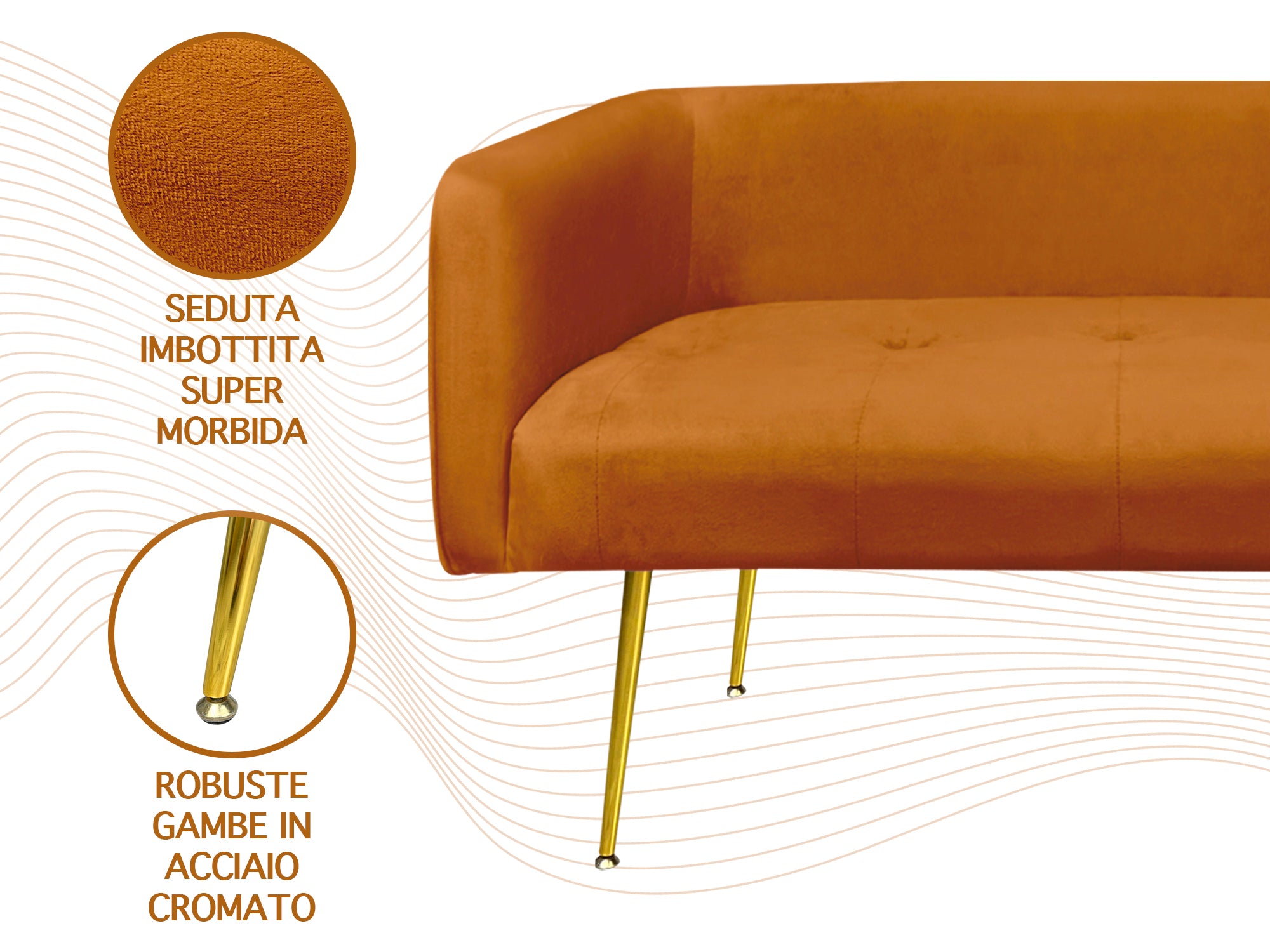 Divano Due Posti In Velluto Gambe In Acciaio Color Oro Divanetto 2 Persone 126x49x57 Cm Design Moderno Soggiorno Panca Pie Di Letto - Ruggine