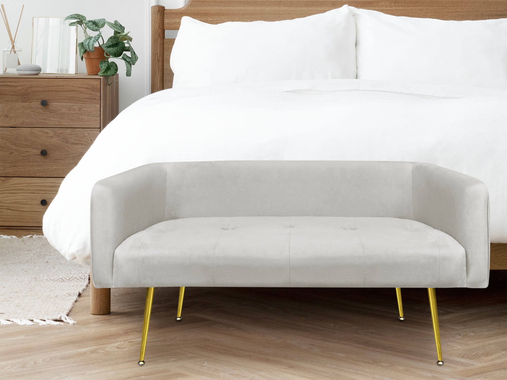 Divano Due Posti In Velluto Gambe In Acciaio Color Oro Divanetto 2 Persone 126x49x57 Cm Design Moderno Soggiorno Panca Pie Di Letto - Grigio chiaro