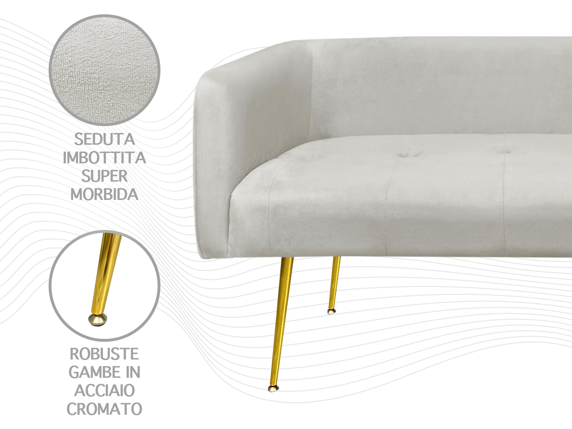Divano Due Posti In Velluto Gambe In Acciaio Color Oro Divanetto 2 Persone 126x49x57 Cm Design Moderno Soggiorno Panca Pie Di Letto - Grigio chiaro