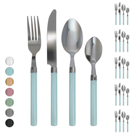 Servizio 24 Pezzi Posate Tavola Acciaio Inox Manici Colorati Tinta Unita Colori Moderni 6x Forchetta Coltello Cucchiaio Cucchiaino Lavabili Lavastoviglie Certificate Contatto Alimenti - Azzurro