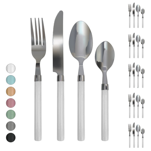 Servizio 24 Pezzi Posate Tavola Acciaio Inox Manici Colorati Tinta Unita Colori Moderni 6x Forchetta Coltello Cucchiaio Cucchiaino Lavabili Lavastoviglie Certificate Contatto Alimenti - Bianco