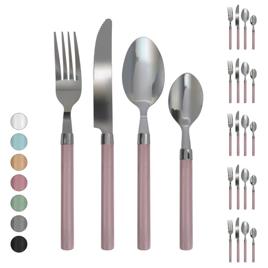 Servizio 24 Pezzi Posate Tavola Acciaio Inox Manici Colorati Tinta Unita Colori Moderni 6x Forchetta Coltello Cucchiaio Cucchiaino Lavabili Lavastoviglie Certificate Contatto Alimenti - Glicine
