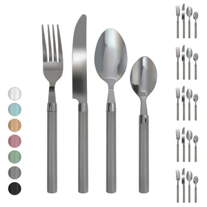 Servizio 24 Pezzi Posate Tavola Acciaio Inox Manici Colorati Tinta Unita Colori Moderni 6x Forchetta Coltello Cucchiaio Cucchiaino Lavabili Lavastoviglie Certificate Contatto Alimenti - Grigio
