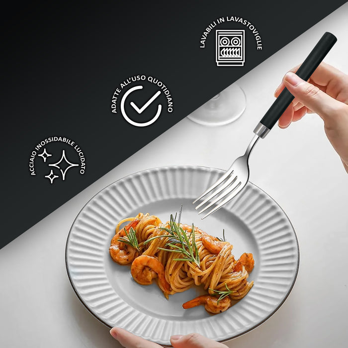 Servizio 24 Pezzi Posate Tavola Acciaio Inox Manici Colorati Tinta Unita Colori Moderni 6x Forchetta Coltello Cucchiaio Cucchiaino Lavabili Lavastoviglie Certificate Contatto Alimenti - Nero