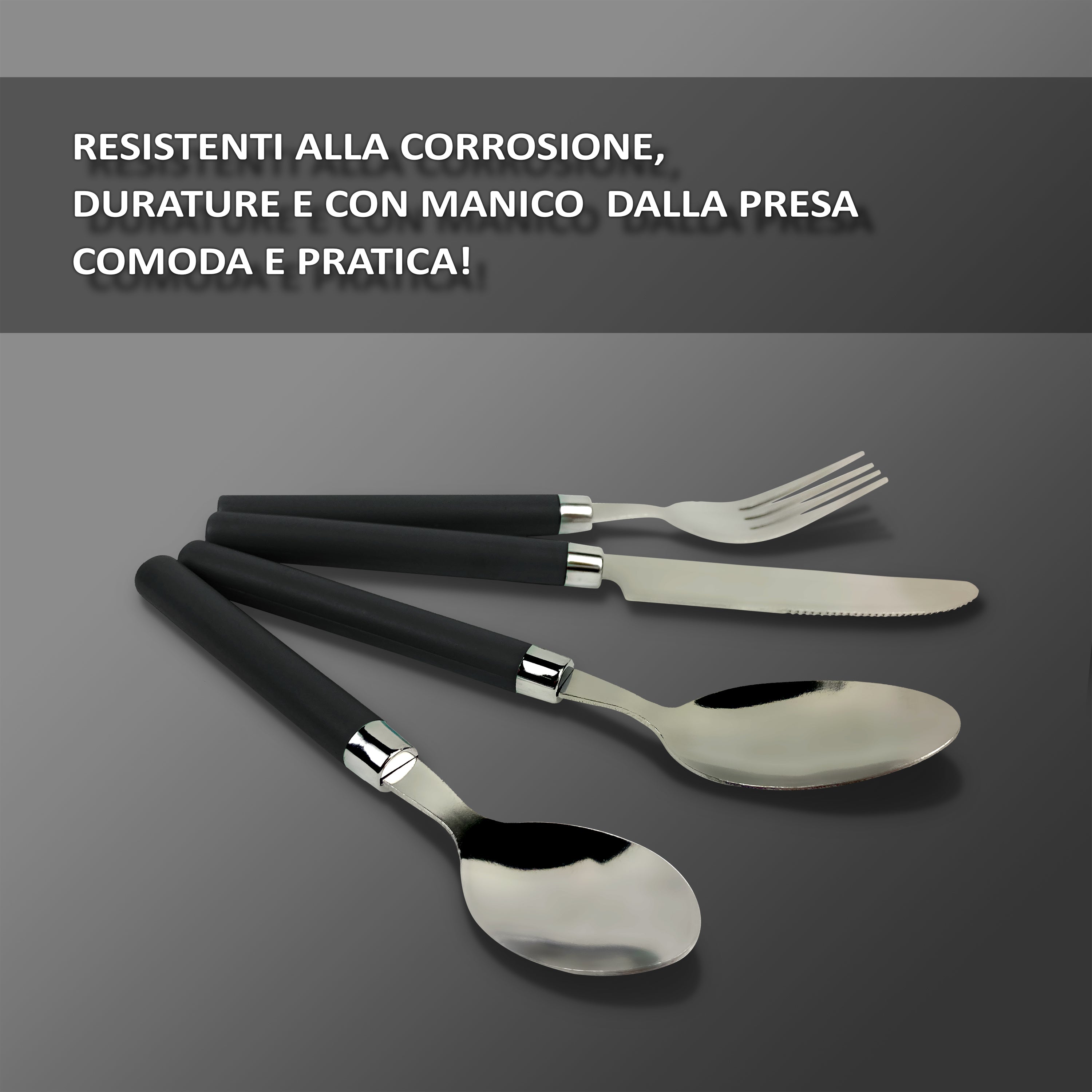 Servizio 24 Pezzi Posate Tavola Acciaio Inox Manici Colorati Tinta Unita Colori Moderni 6x Forchetta Coltello Cucchiaio Cucchiaino Lavabili Lavastoviglie Certificate Contatto Alimenti - Nero