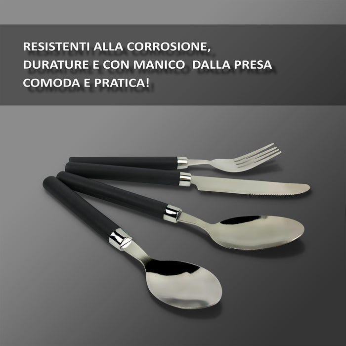 Servizio 24 Pezzi Posate Tavola Acciaio Inox Manici Colorati Tinta Unita Colori Moderni 6x Forchetta Coltello Cucchiaio Cucchiaino Lavabili Lavastoviglie Certificate Contatto Alimenti - Nero