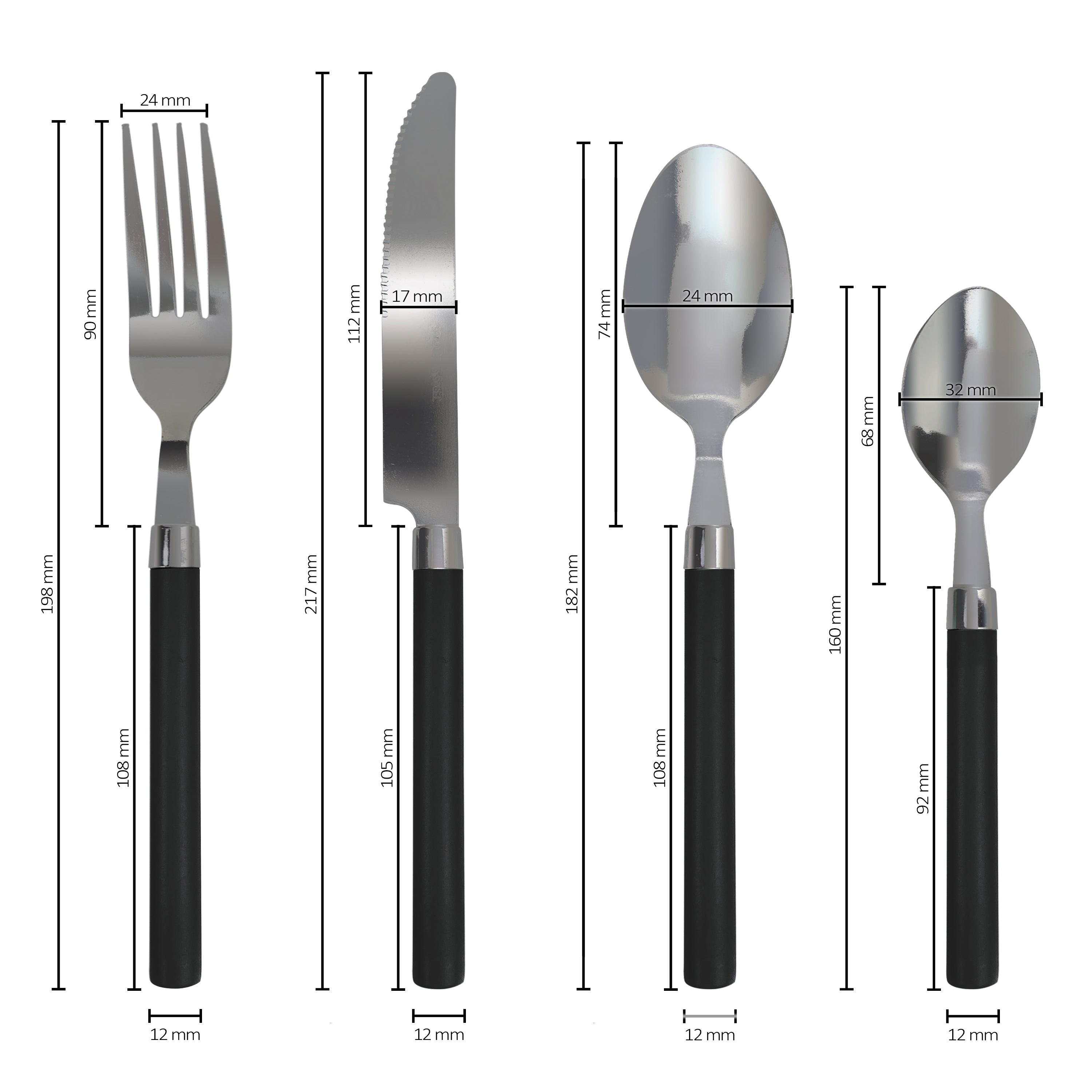 Servizio 24 Pezzi Posate Tavola Acciaio Inox Manici Colorati Tinta Unita Colori Moderni 6x Forchetta Coltello Cucchiaio Cucchiaino Lavabili Lavastoviglie Certificate Contatto Alimenti - Nero