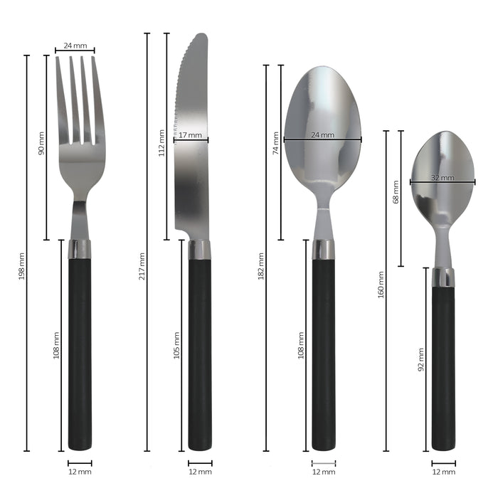 Servizio 24 Pezzi Posate Tavola Acciaio Inox Manici Colorati Tinta Unita Colori Moderni 6x Forchetta Coltello Cucchiaio Cucchiaino Lavabili Lavastoviglie Certificate Contatto Alimenti - Nero