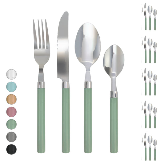 Servizio 24 Pezzi Posate Tavola Acciaio Inox Manici Colorati Tinta Unita Colori Moderni 6x Forchetta Coltello Cucchiaio Cucchiaino Lavabili Lavastoviglie Certificate Contatto Alimenti - Salvia