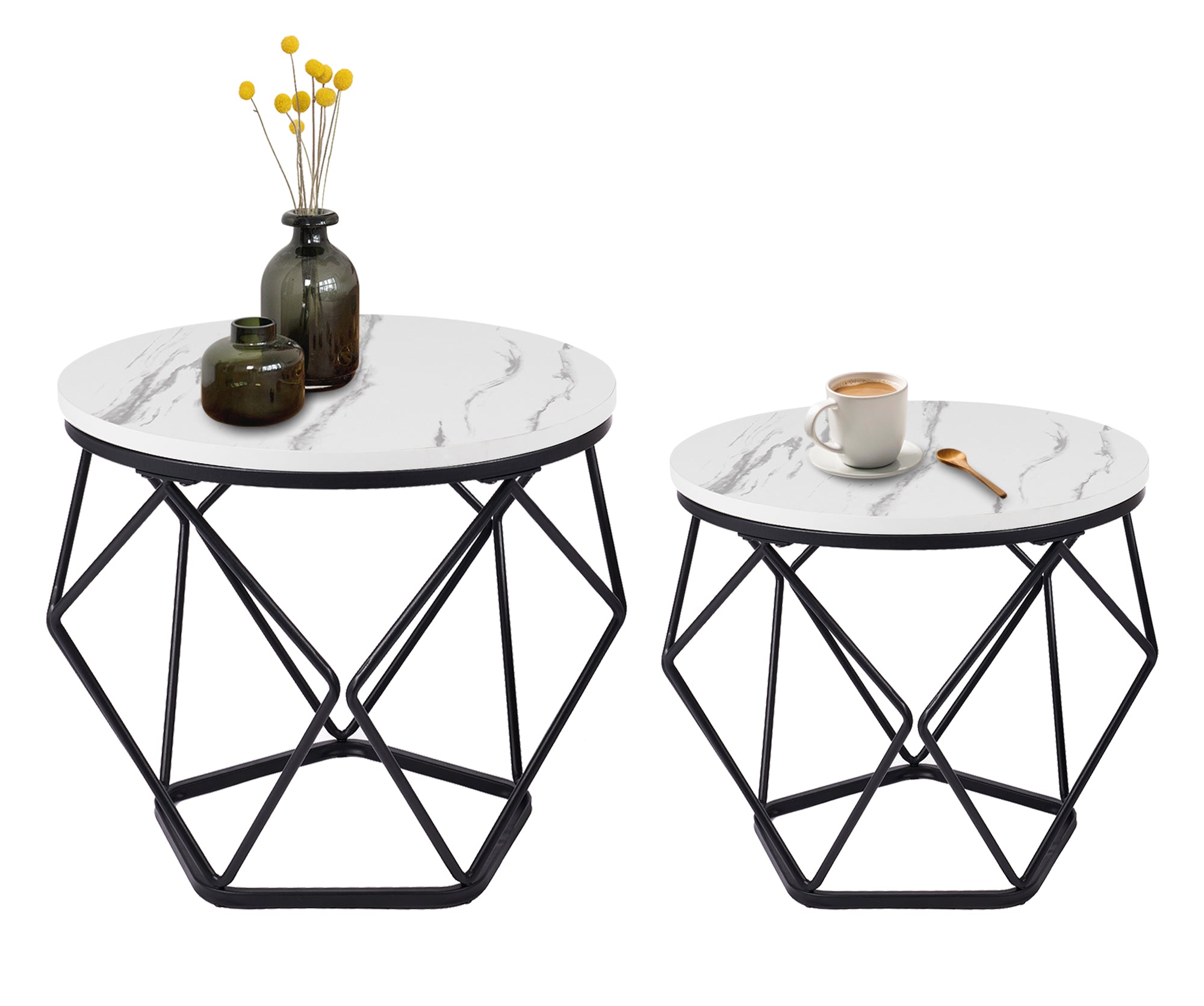 Set 2 Pezzi Tavolino Da Caffè Rotondo Set Di 2 Tavolini Ad Incastro Stile Vintage Industriale Piano Removibile Struttura In Acciaio Mobile Adatto Per Soggiorno Vano Porta Oggetti  - Bianco