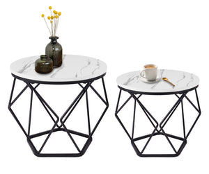 Set 2 Pezzi Tavolino Da Caffè Rotondo Set Di 2 Tavolini Ad Incastro Stile Vintage Industriale Piano Removibile Struttura In Acciaio Mobile Adatto Per Soggiorno Vano Porta Oggetti  - Bianco