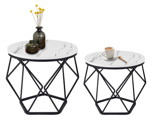 Set 2 Pezzi Tavolino Da Caffè Rotondo Set Di 2 Tavolini Ad Incastro Stile Vintage Industriale Piano Removibile Struttura In Acciaio Mobile Adatto Per Soggiorno Vano Porta Oggetti  - Bianco