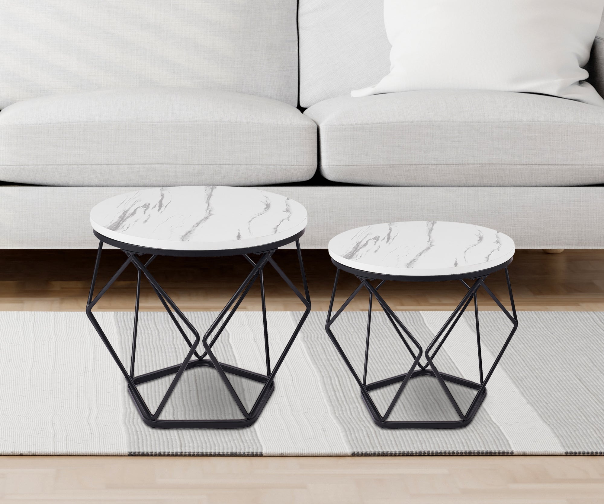 Set 2 Pezzi Tavolino Da Caffè Rotondo Set Di 2 Tavolini Ad Incastro Stile Vintage Industriale Piano Removibile Struttura In Acciaio Mobile Adatto Per Soggiorno Vano Porta Oggetti  - Bianco