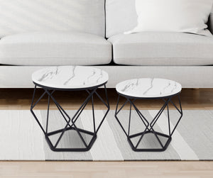 Set 2 Pezzi Tavolino Da Caffè Rotondo Set Di 2 Tavolini Ad Incastro Stile Vintage Industriale Piano Removibile Struttura In Acciaio Mobile Adatto Per Soggiorno Vano Porta Oggetti  - Bianco