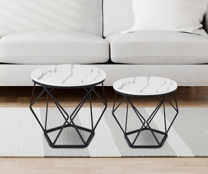 Set 2 Pezzi Tavolino Da Caffè Rotondo Set Di 2 Tavolini Ad Incastro Stile Vintage Industriale Piano Removibile Struttura In Acciaio Mobile Adatto Per Soggiorno Vano Porta Oggetti  - Bianco