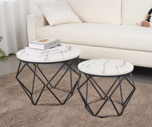 Set 2 Pezzi Tavolino Da Caffè Rotondo Set Di 2 Tavolini Ad Incastro Stile Vintage Industriale Piano Removibile Struttura In Acciaio Mobile Adatto Per Soggiorno Vano Porta Oggetti  - Bianco