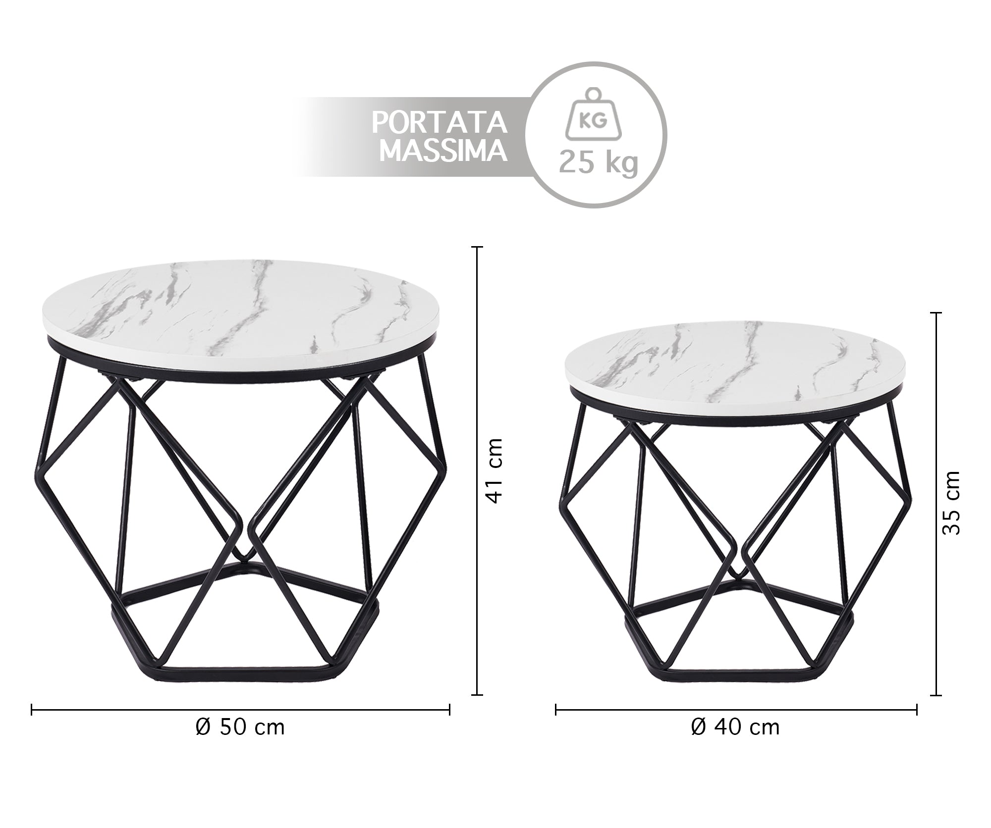 Set 2 Pezzi Tavolino Da Caffè Rotondo Set Di 2 Tavolini Ad Incastro Stile Vintage Industriale Piano Removibile Struttura In Acciaio Mobile Adatto Per Soggiorno Vano Porta Oggetti  - Bianco