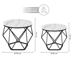 Set 2 Pezzi Tavolino Da Caffè Rotondo Set Di 2 Tavolini Ad Incastro Stile Vintage Industriale Piano Removibile Struttura In Acciaio Mobile Adatto Per Soggiorno Vano Porta Oggetti  - Bianco
