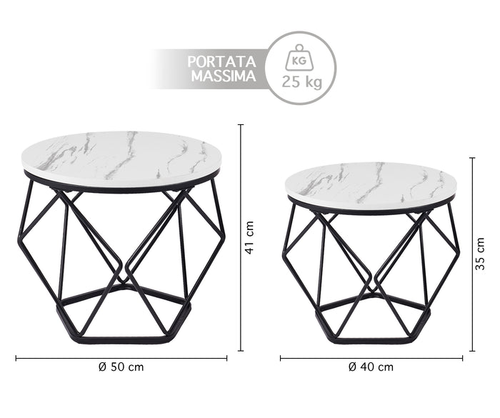 Set 2 Pezzi Tavolino Da Caffè Rotondo Set Di 2 Tavolini Ad Incastro Stile Vintage Industriale Piano Removibile Struttura In Acciaio Mobile Adatto Per Soggiorno Vano Porta Oggetti  - Bianco