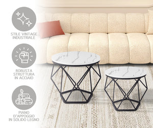 Set 2 Pezzi Tavolino Da Caffè Rotondo Set Di 2 Tavolini Ad Incastro Stile Vintage Industriale Piano Removibile Struttura In Acciaio Mobile Adatto Per Soggiorno Vano Porta Oggetti  - Bianco