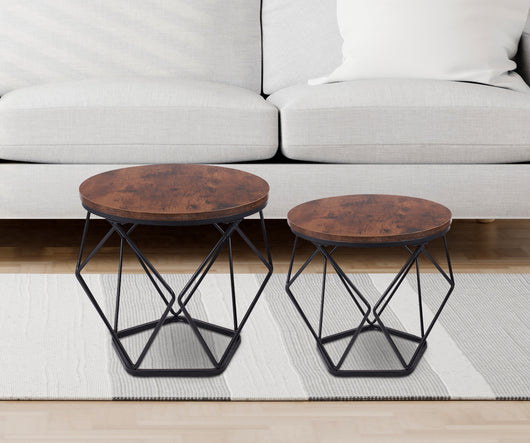 Set 2 Pezzi Tavolino Da Caffè Rotondo Set Di 2 Tavolini Ad Incastro Stile Vintage Industriale Piano Removibile Struttura In Acciaio Mobile Adatto Per Soggiorno Vano Porta Oggetti  - Marrone