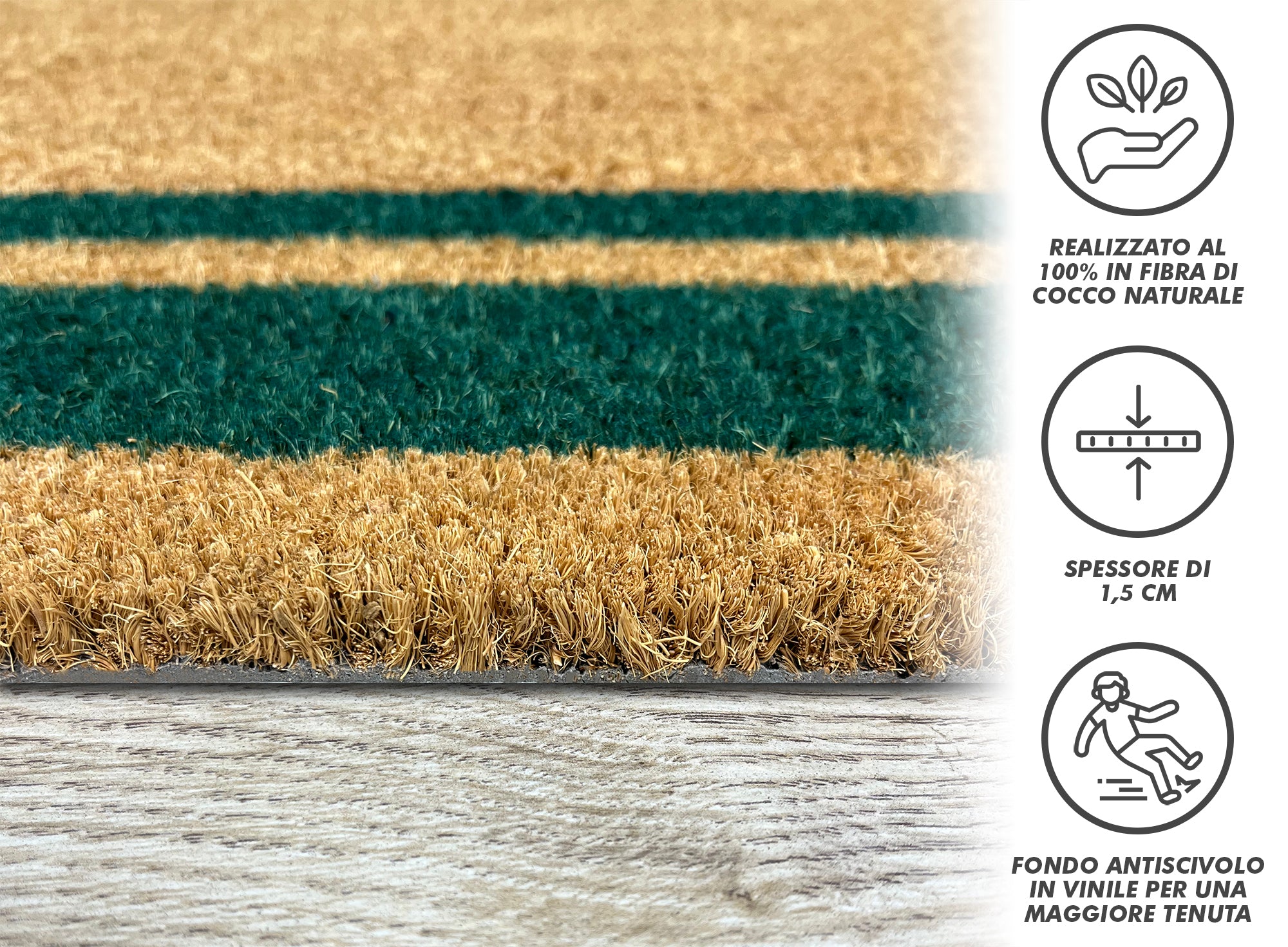  Zerbino Ingresso  In Cocco Naturale Misura XXL Grande Rettangolare 100 x 50 Cm Tappeto Asciugapassi Tappetino Antiscivolo Interno Esterno Porta Entrata Raschiafango - Verde