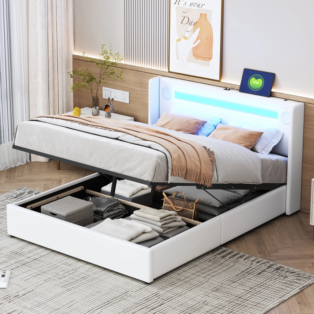 OKWISH Letto Contenitore 140×200 cm, Letto Matrimoniale con LED Regolabile, Bluetooth, USB e Tipo C, senza Materasso, in Ecopelle Bianco
