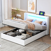 OKWISH Letto Contenitore 140×200 cm, Letto Matrimoniale con LED Regolabile, Bluetooth, USB e Tipo C, senza Materasso, in Ecopelle Bianco