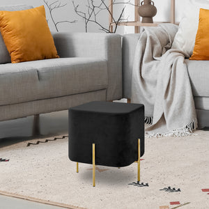 Pouf Poggiapiedi In Velluto Con Gambe Dorate Elegante Imbottito Sgabello Per Toeletta Mobile Trucco Ottomano Ingresso Tavolino Camera Da Letto Soggiorno Salotto Quadrato - Nero