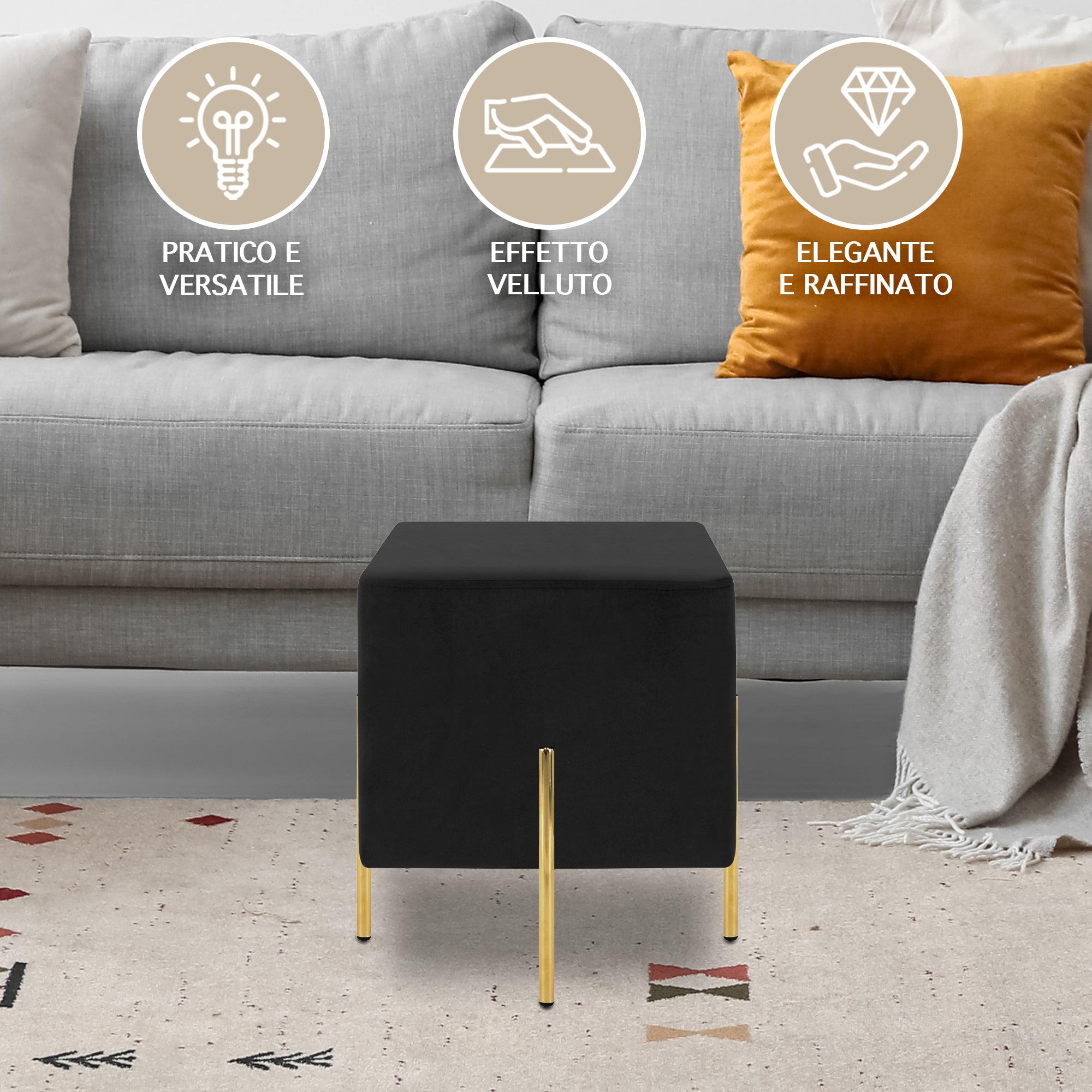 Pouf Poggiapiedi In Velluto Con Gambe Dorate Elegante Imbottito Sgabello Per Toeletta Mobile Trucco Ottomano Ingresso Tavolino Camera Da Letto Soggiorno Salotto Quadrato - Nero