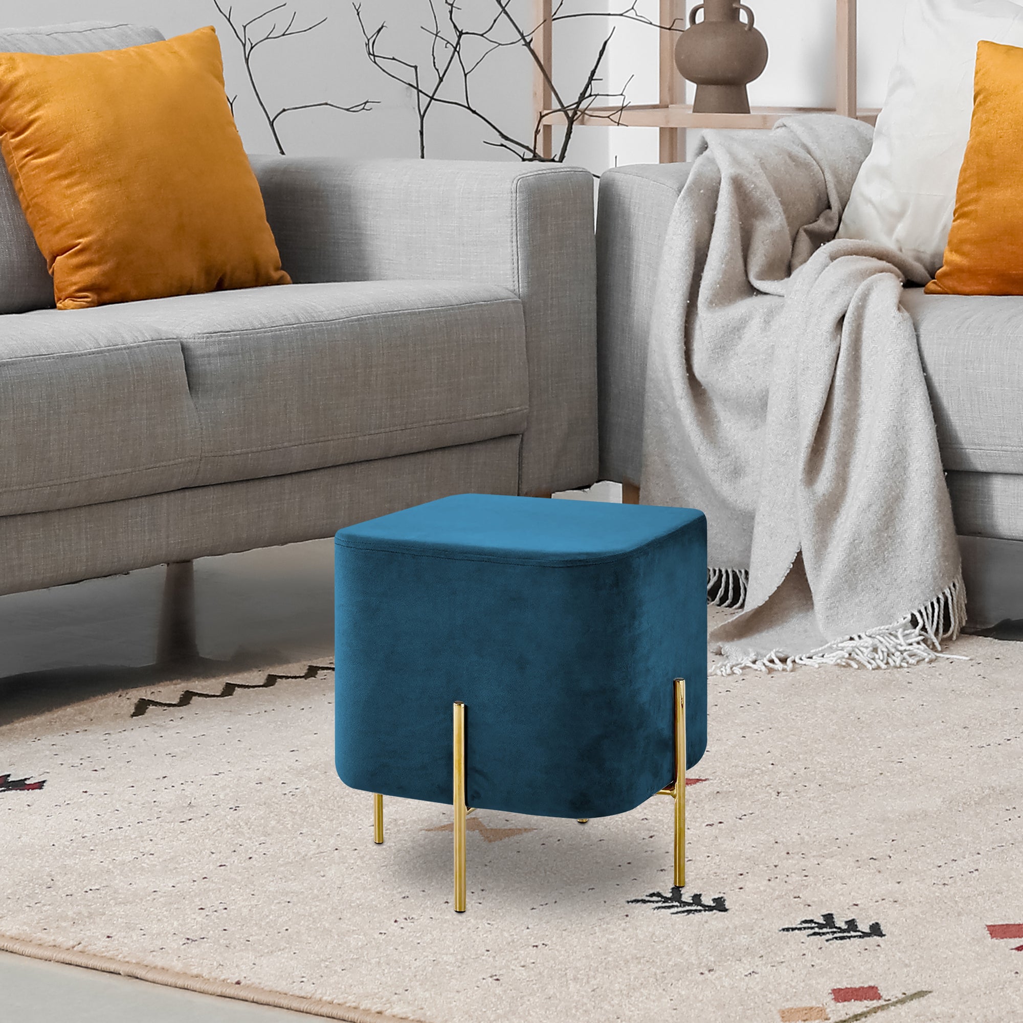 Pouf Poggiapiedi In Velluto Con Gambe Dorate Elegante Imbottito Sgabello Per Toeletta Mobile Trucco Ottomano Ingresso Tavolino Camera Da Letto Soggiorno Salotto Quadrato - Petrolio