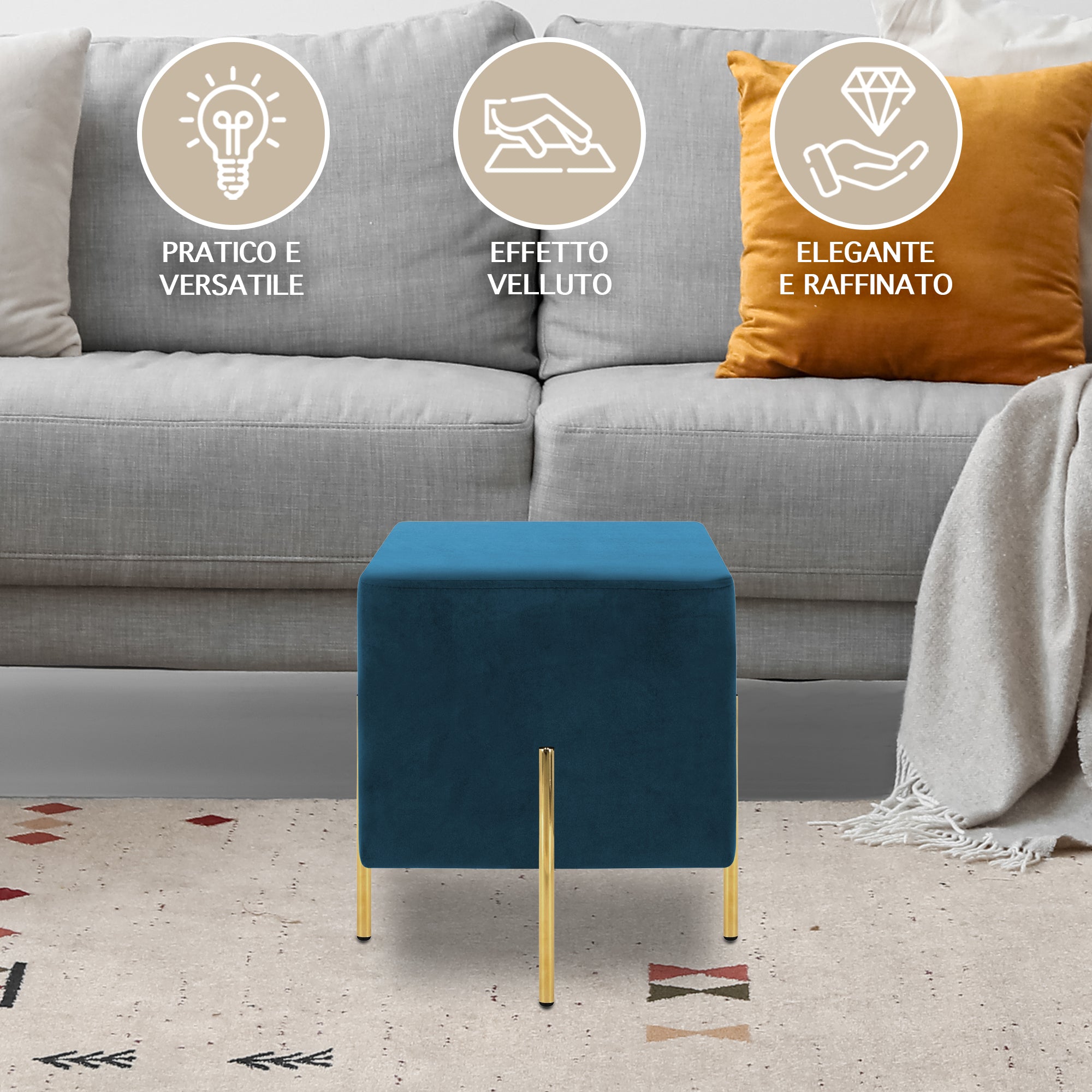 Pouf Poggiapiedi In Velluto Con Gambe Dorate Elegante Imbottito Sgabello Per Toeletta Mobile Trucco Ottomano Ingresso Tavolino Camera Da Letto Soggiorno Salotto Quadrato - Petrolio