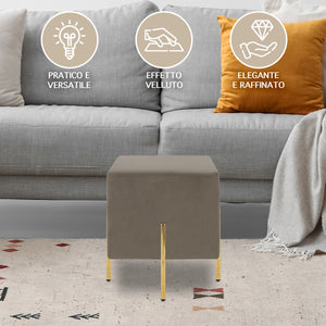 Pouf Poggiapiedi In Velluto Con Gambe Dorate Elegante Imbottito Sgabello Per Toeletta Mobile Trucco Ottomano Ingresso Tavolino Camera Da Letto Soggiorno Salotto Quadrato - Tortora