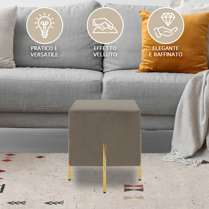 Pouf Poggiapiedi In Velluto Con Gambe Dorate Elegante Imbottito Sgabello Per Toeletta Mobile Trucco Ottomano Ingresso Tavolino Camera Da Letto Soggiorno Salotto Quadrato - Tortora