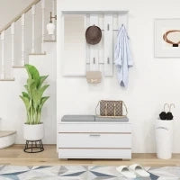 Set Mobili da Ingresso con Appendiabiti, Specchio, Panca con Cuscini e Scarpiera per 8 Paia di Scarpe, Bianco
