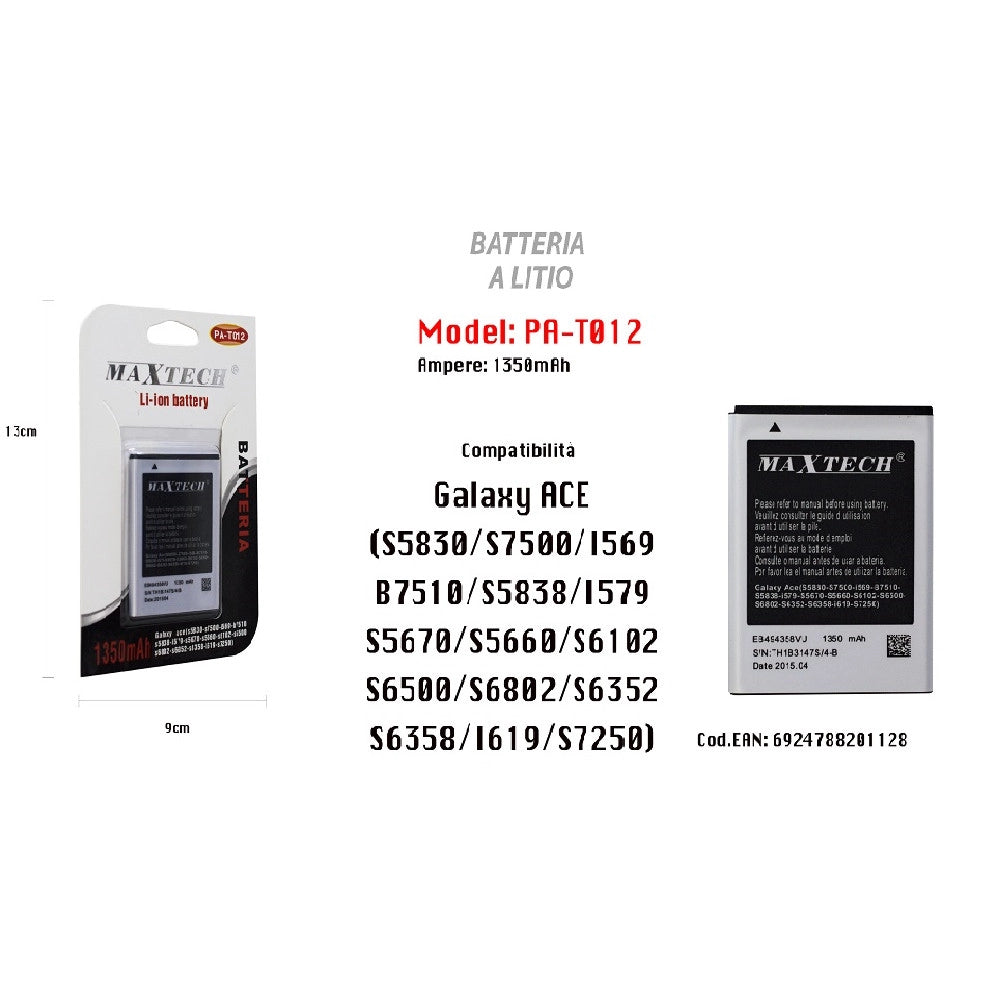 Trade Shop - Batteria A Litio Per Galaxy Ace Compatibile Cellulare Smartphone 1350mah Maxtech Pa-t012 -