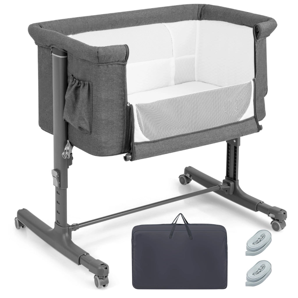 Culla per bambini 3 in 1 con 5 livelli di altezza regolabili borsa da viaggio, Traversina bambini Grigio scuro