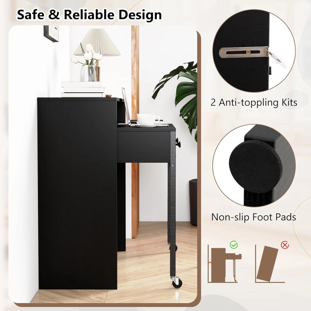 Scrivania per computer con piano estensibile, 100 x 63 x 88 cm, 2 cassetti e ripiano aperto, design compatto con ruote, tavolo da lavoro per camera da letto, ufficio (nero)