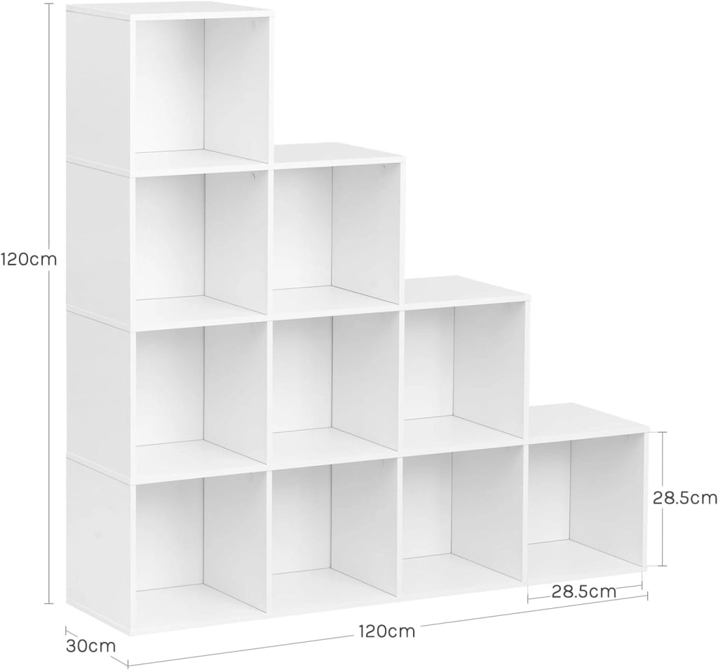 Scaffale per Libri, Scaffale per Scale Con 10 Cubi, Libreria in Legno Ingegnerizzato Bianco, per Camera da Letto, Soggiorno, Studio, Ufficio, 120x30x120cm, SK062ws