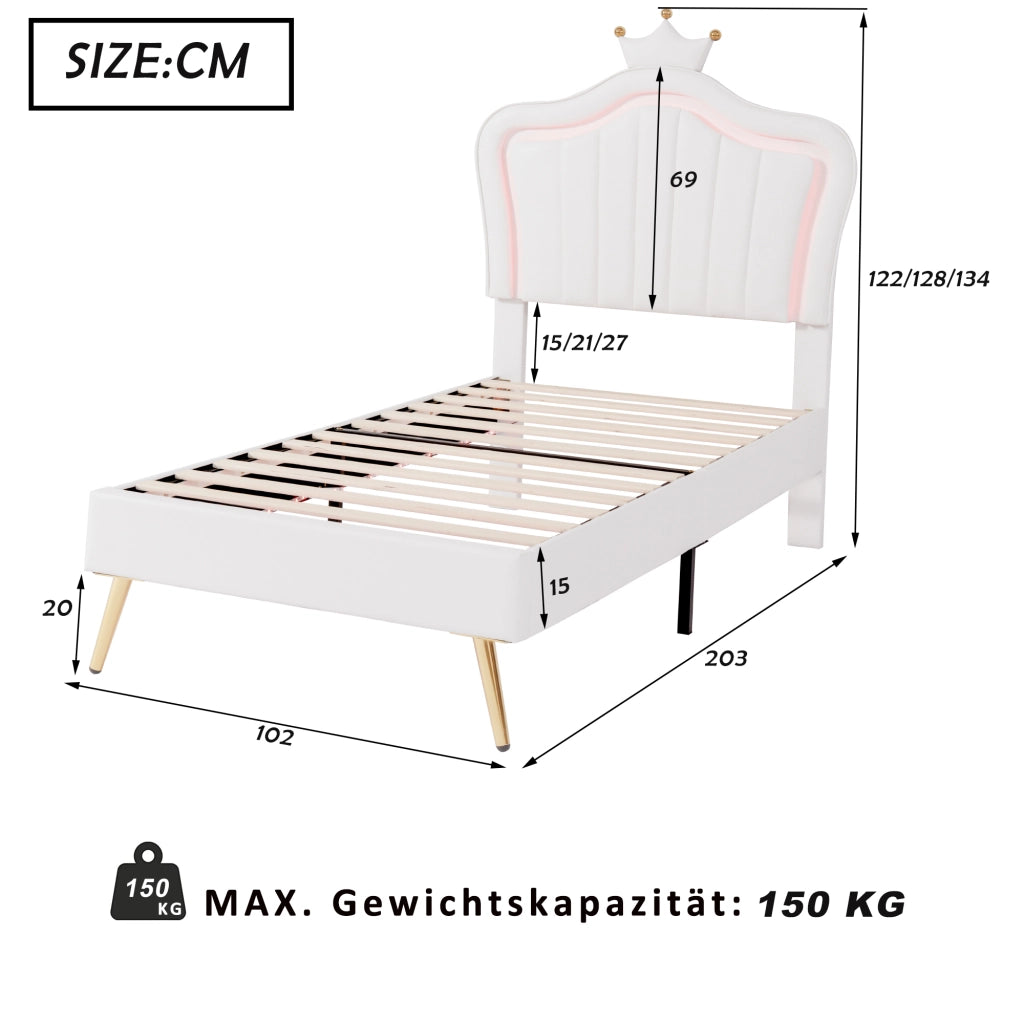 DESMIU Letto per bambini 1 posto con LED, testiera regolabile e schienale imbottito, 90 × 200 cm, senza materasso, bianco