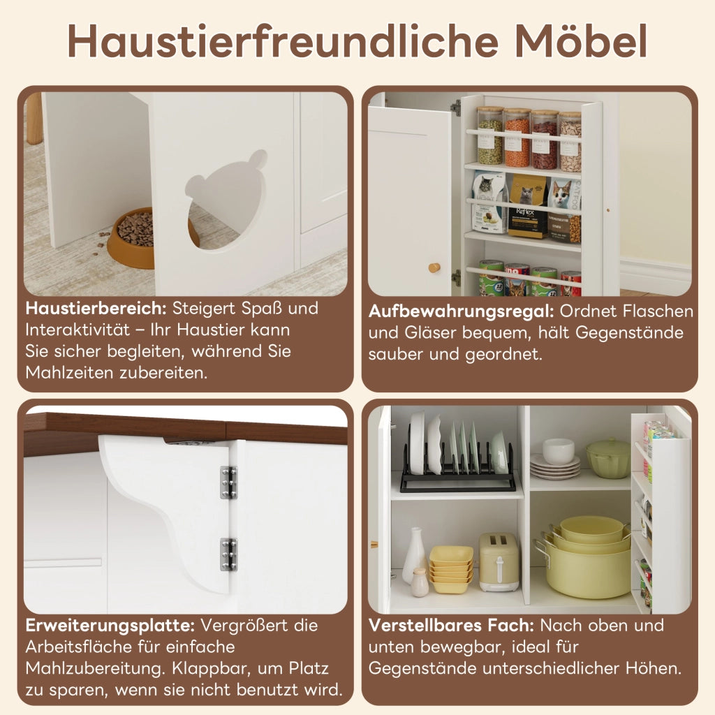 MOBILE CUCINA con piano estraibile e area gatto 120x40(70)x90 cm Bianco/Noce MDF