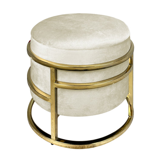 Pouf Contenitore Poggiapiedi Velluto Con Struttura Circolare Cromata Oro Elegante Imbottito Sgabello Per Toeletta Mobile Trucco Ottomano Ingresso Camera Da Letto Rotondo - Beige