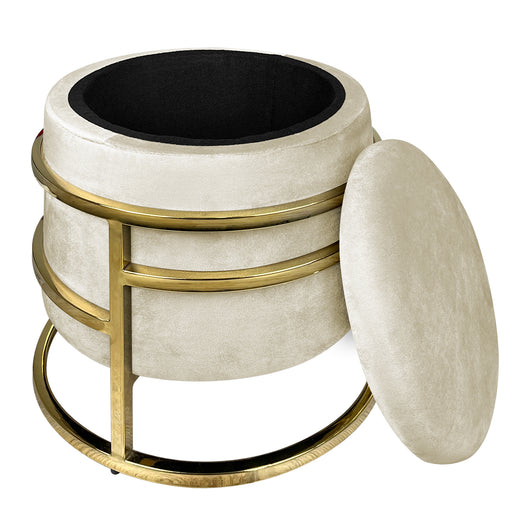 Pouf Contenitore Poggiapiedi Velluto Con Struttura Circolare Cromata Oro Elegante Imbottito Sgabello Per Toeletta Mobile Trucco Ottomano Ingresso Camera Da Letto Rotondo - Beige