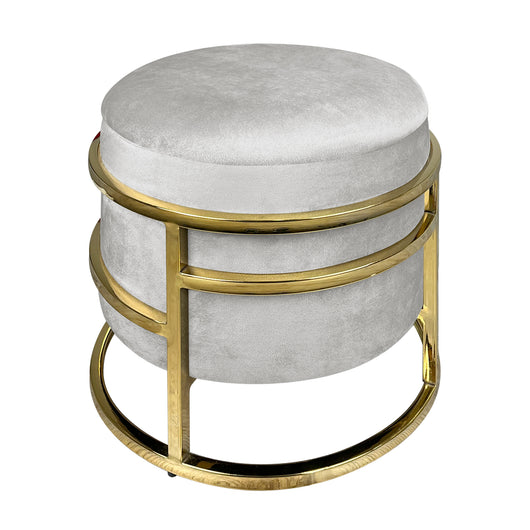 Pouf Contenitore Poggiapiedi Velluto Con Struttura Circolare Cromata Oro Elegante Imbottito Sgabello Per Toeletta Mobile Trucco Ottomano Ingresso Camera Da Letto Rotondo - Grigio chiaro