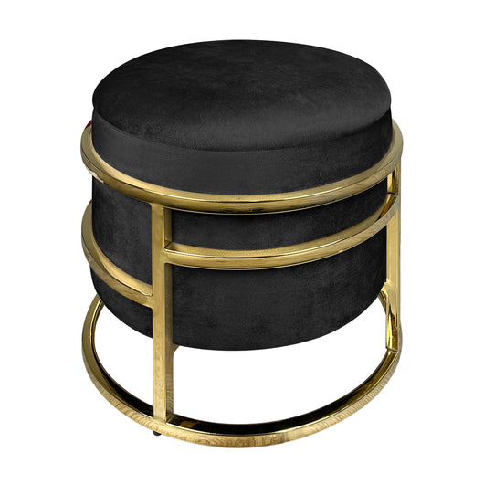 Pouf Contenitore Poggiapiedi Velluto Con Struttura Circolare Cromata Oro Elegante Imbottito Sgabello Per Toeletta Mobile Trucco Ottomano Ingresso Camera Da Letto Rotondo - Nero